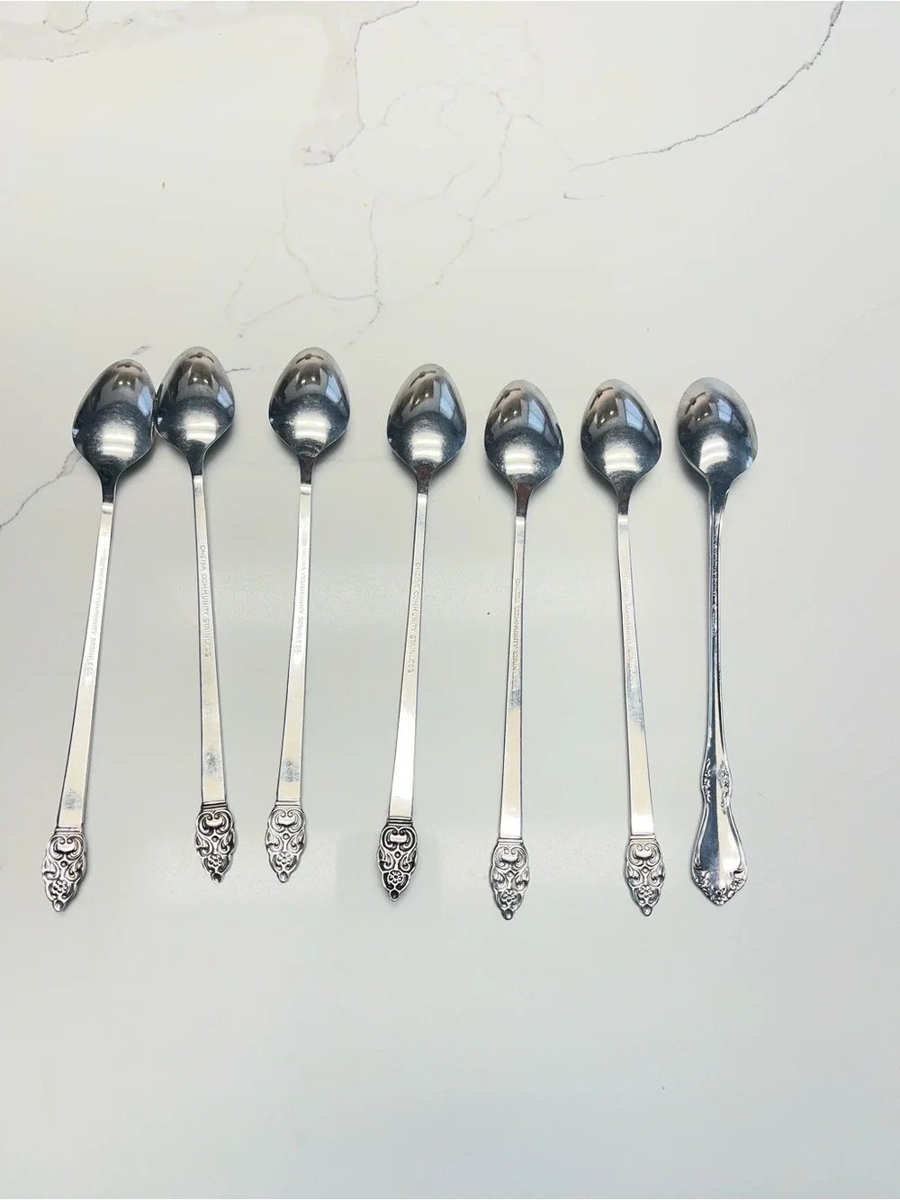 6 Oneida NORDIC CROWN Stainless Iced Tea Spoons +1‎ Extra Non Matching Set